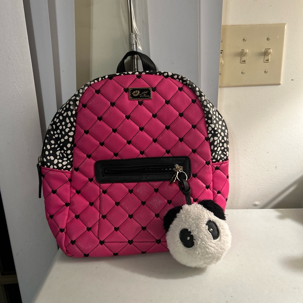 Betsey Johnson Pink Fuchsia Quilted Faux Leather Backpack Purse W/Panda Plush - Picture 1 of 8